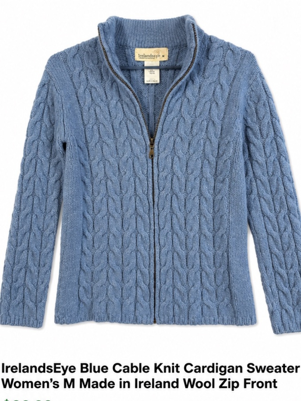 IrelandsEye Blue Cable Knit Sweater Women’s Medium Made in Ireland Wool/Silk